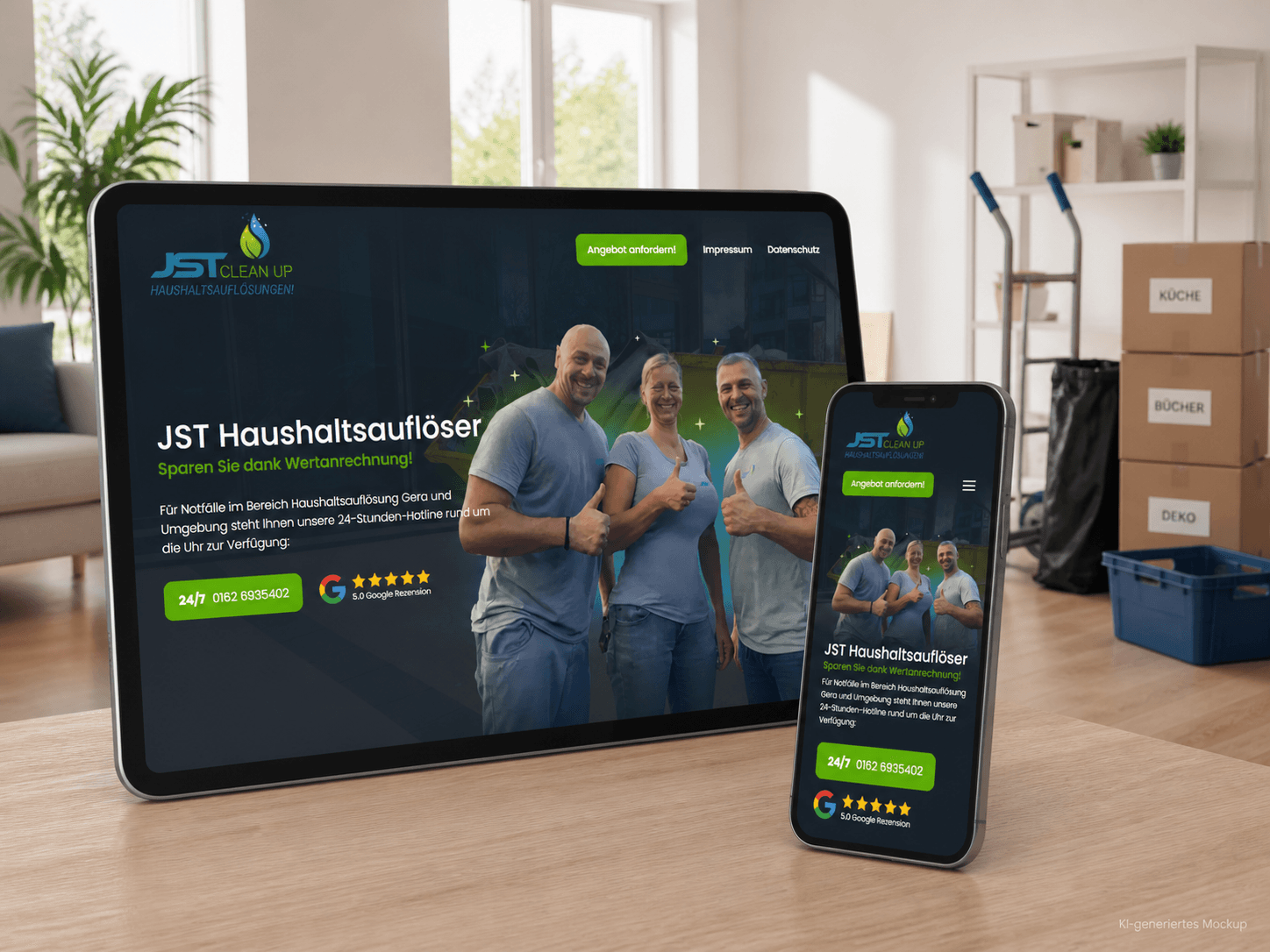 JST Haushaltsauflösung Gera – KI-generiertes Website-Mockup KI-generiertes Mockup der JST-Haushaltsauflösungs-Website auf Tablet und Smartphone in einer frisch geräumten Wohnung