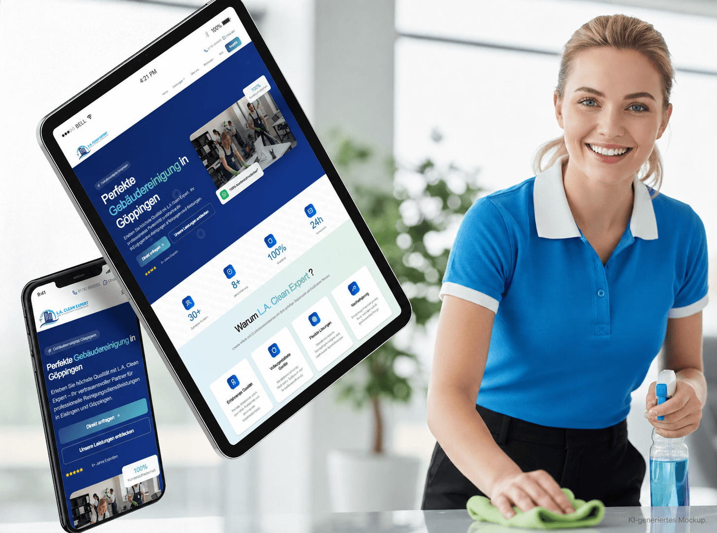 L.A. Clean Expert – KI-generiertes Website-Mockup KI-generiertes Website-Mockup für L.A. Clean Expert mit Tablet, Smartphone und Reinigungskraft