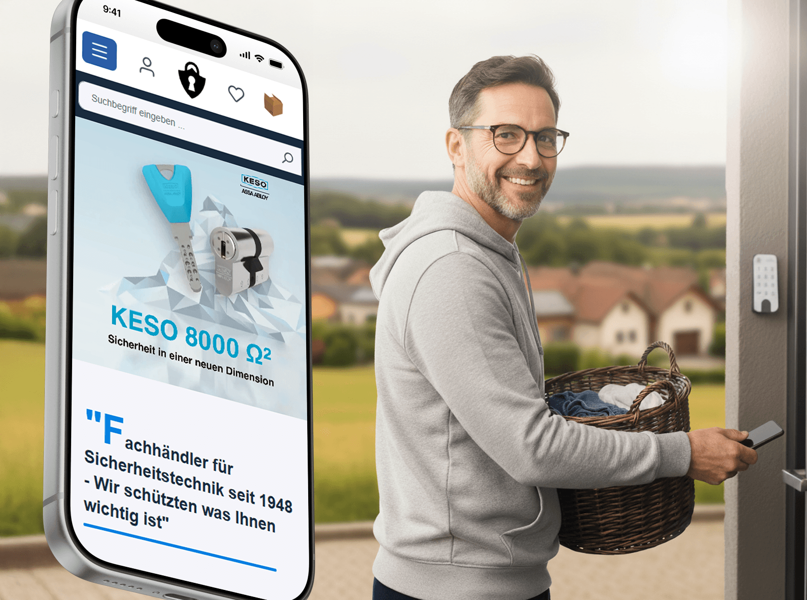 tecsec48 – KI-generiertes Shopware-6-Mockup KI-generiertes Website-Mockup des tecsec48-Shopware-6-Shops für Sicherheitstechnik auf einem Smartphone